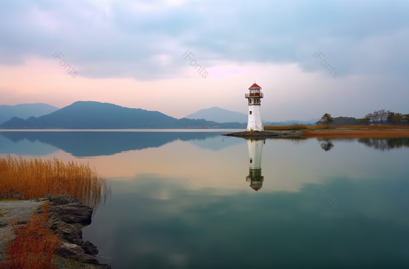 湖边岩石秋天灯塔摄影图,高清,摄影图,摄影图片,图片大全,摄影图免费下载